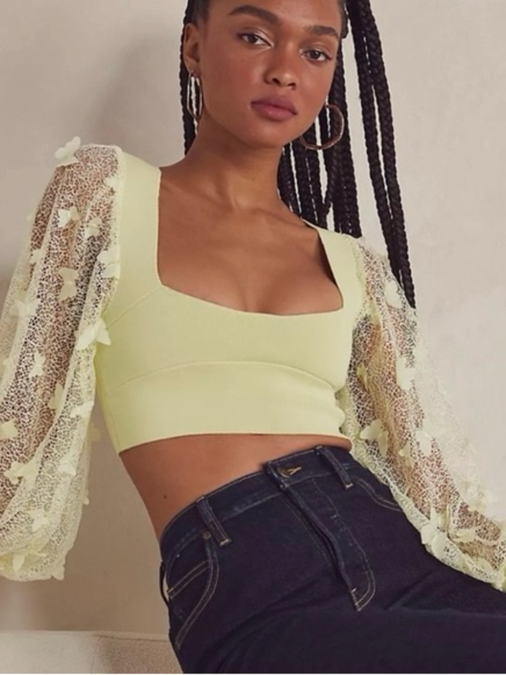 Free People Lace Sleeve Crop Top - Light Yellow